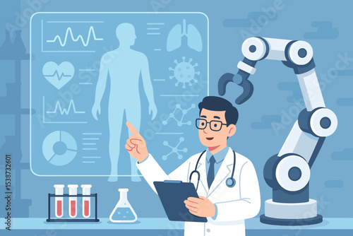 Robotics in medicine concept with a doctor and robotic arm analyzing patient data on a futuristic screen. Healthcare innovation, AI, medical research, and diagnostics technology.