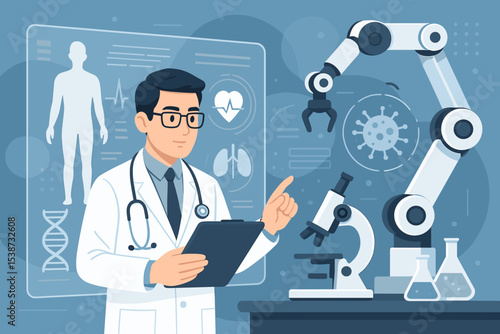 Doctor in futuristic lab uses robotic arm and AI for medical research. Scientist analyzes human anatomy, DNA, and virus on digital screen. Healthcare innovation and technology concept.