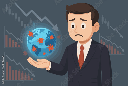 Pandemic economic impact concept. Worried businessman looks at globe with virus. Global financial crisis, recession, stock market crash. Downward arrow graph and chart background.