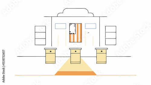 Simple Line Drawing of a Building with Voting Booths