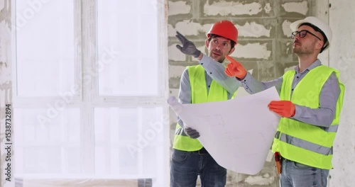 Men experts discuss upcoming work holding floor plan in hands. Builders in helmets and safety vests inspect large apartment and cover work process during conversation