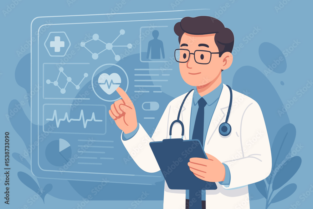 Doctor analyzing patient data on a futuristic digital interface. Healthcare technology and medical innovation concept. Electronic health record, E.K.G., telemedicine, diagnosis. Doctor analyzing patient data on a futuristic digital interface. Healthcare technology and medical innovation concept. Electronic health record, E.K.G., telemedicine, diagnosis.