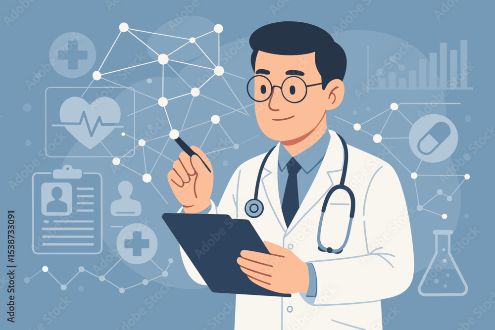 Male doctor analyzing medical data on a digital interface. Healthcare technology and innovation concept with icons for e-health, research, patient records, cardiogram, and AI. Male doctor analyzing medical data on a digital interface. Healthcare technology and innovation concept with icons for e-health, research, patient records, cardiogram, and AI.