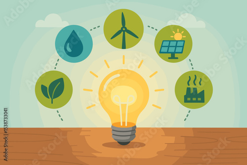 Renewable energy concept with a lightbulb and icons. Green power sources like solar, wind, hydro, biomass, and geothermal energy. Sustainable technology vector illustration.