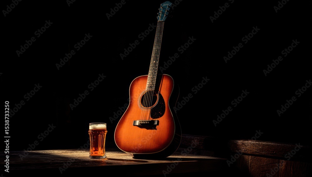Fototapeta premium Acoustic guitar and a drink on a table