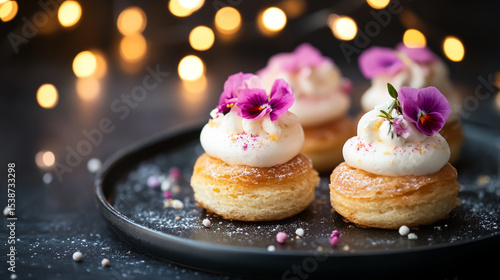 Three petit four pastries with white cream and pink flowers on top, on a black plate, against a dark background with lights .