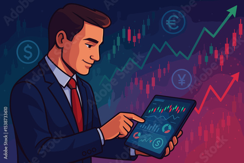 Trader using a tablet for stock market analysis and online trading. Concept of financial investment, forex, and business success with graphs, charts, and currency symbols like dollar.