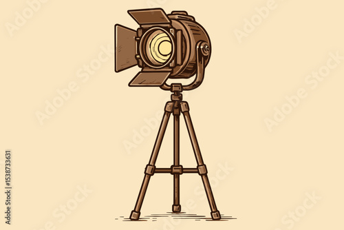 Vintage film light on tripod, retro cinema spotlight illustration. Old movie production equipment concept. Hand drawn sketch of a classic theater stage lamp. Searchlight icon.
