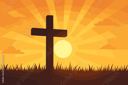 Christian cross silhouette at sunrise with sun rays. Religious symbol of faith, hope, salvation. Concept of Jesus Christ's resurrection, Easter. Worship, sacrifice, and new life vector background.