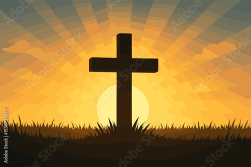 Christian cross silhouette on a hill at sunrise. Concept of faith, religion, hope, and salvation. Easter resurrection of Jesus Christ. Spiritual worship background with sun rays.
