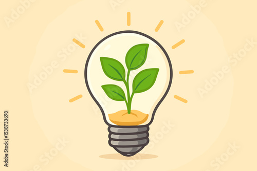 Green energy concept with a plant sprout growing inside a shining light bulb. Metaphor for eco friendly innovation, sustainability, renewable power source and growth. Ecology vector.