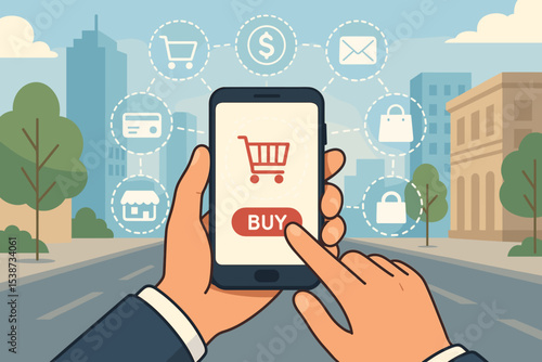 E-commerce and online shopping concept. Hand holding smartphone with buy button and shopping cart. Mobile commerce application, digital payment, online store and retail vector.