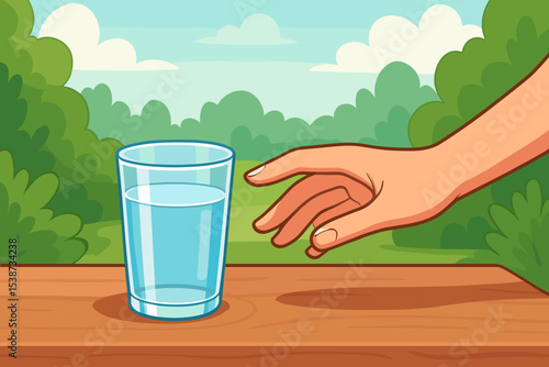 Hand reaching for a glass of pure water for hydration. Concept of thirst, healthy lifestyle, and wellness. Refreshing drink on a summer day in the park. Outdoors vector.