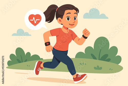 Woman running in park checking heart rate on smartwatch. Fitness tracker technology for cardio exercise, healthy lifestyle. Female athlete jogging, workout vector illustration.