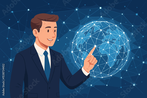 Businessman touching a glowing global network on a virtual screen. World map with connection lines. Concept for international business, communication, futuristic technology, data visualization.