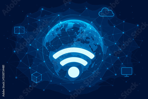 Global wireless technology and internet communication concept. Wi-Fi symbol over planet earth on a futuristic network background. IoT, cloud computing, worldwide connection vector.