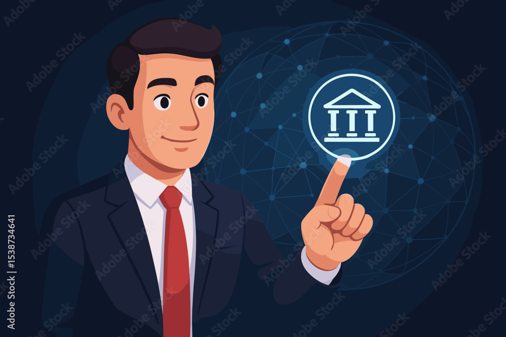 Businessman pointing at bank icon on futuristic digital screen. Global banking network concept for online financial services, fintech, investment, mobile app and e-banking. Businessman pointing at bank icon on futuristic digital screen. Global banking network concept for online financial services, fintech, investment, mobile app and e-banking.