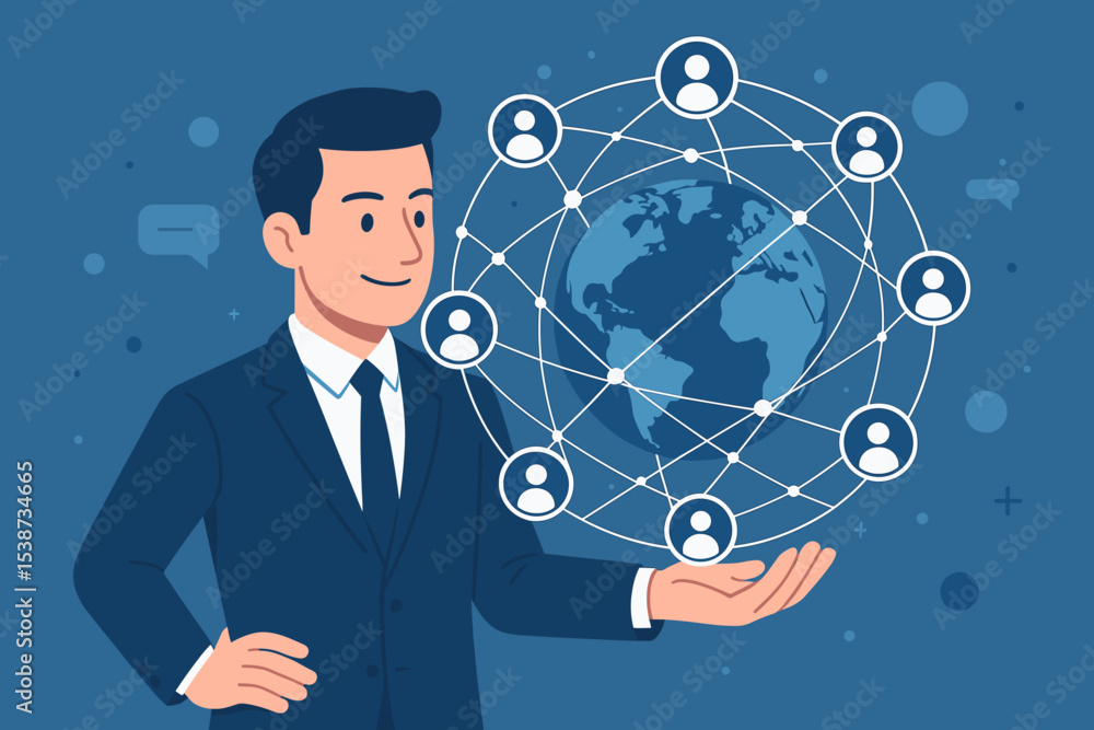 Businessman holding a global network connection. Concept for international business, social media community, worldwide teamwork and modern communication technology. Flat vector illustration. Businessman holding a global network connection. Concept for international business, social media community, worldwide teamwork and modern communication technology. Flat vector illustration.