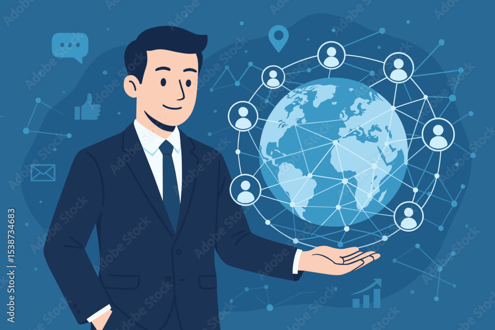 Global business networking and communication concept. Businessman presenting a worldwide social network on a globe. International corporate strategy and technology vector illustration. Global business networking and communication concept. Businessman presenting a worldwide social network on a globe. International corporate strategy and technology vector illustration.