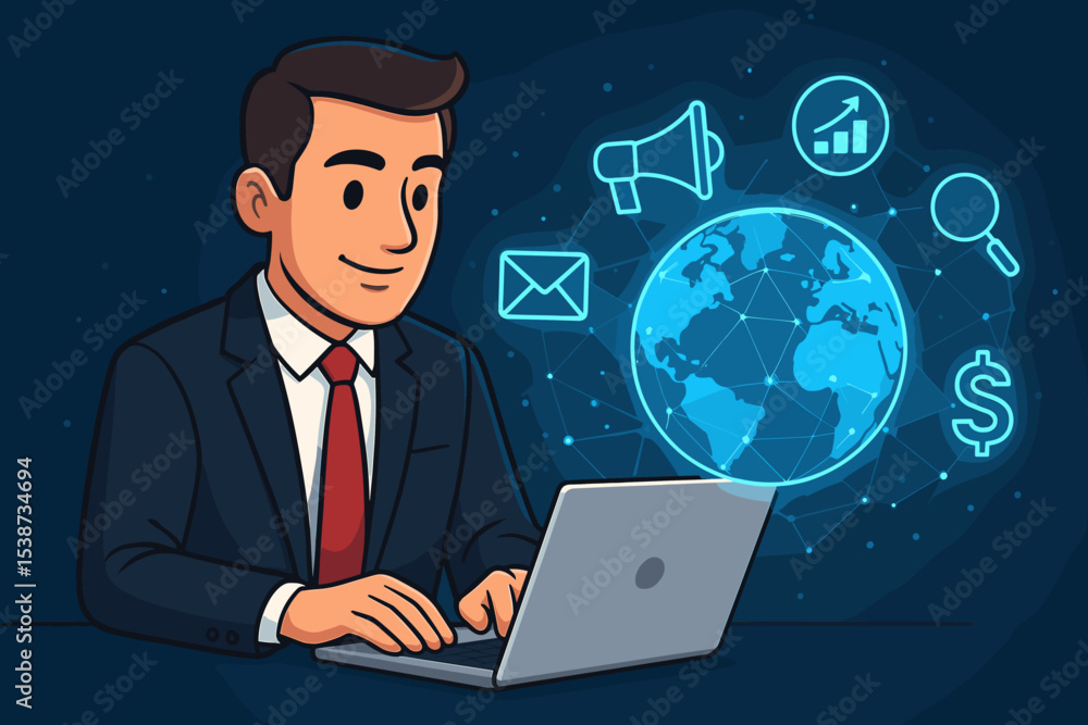 Digital marketing concept with businessman on laptop. Global online business strategy with icons for SEO, data analysis, email marketing, advertising, and e-commerce growth. Digital marketing concept with businessman on laptop. Global online business strategy with icons for SEO, data analysis, email marketing, advertising, and e-commerce growth.