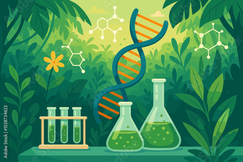 Biotechnology research concept with DNA helix, lab flasks, and chemical molecules in a jungle. Vector illustration for genetics, botany, biodiversity, and phytochemistry discovery.
