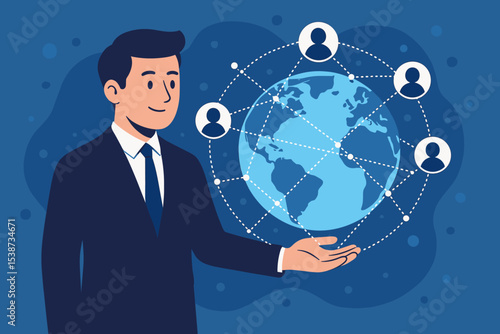 Concept of global business network. Professional man in suit with world earth globe and people icons connection. International communication, teamwork and social media technology.