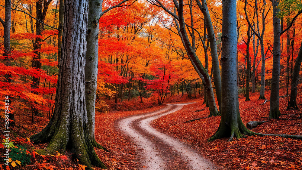 Fototapeta premium Autumn forest pathway with vivid orange and red foliage.