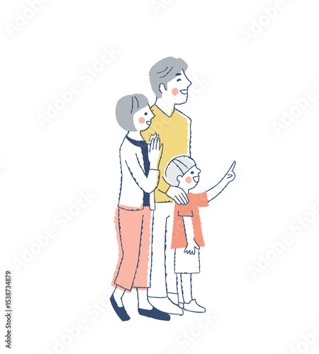 右側の方を見ている笑顔の3人家族