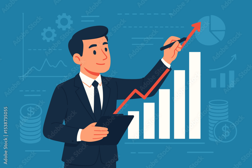 Businessman drawing a growth arrow on a bar chart. Concept of financial success, business strategy, investment, and market analysis. Corporate development and profit increase vector. Businessman drawing a growth arrow on a bar chart. Concept of financial success, business strategy, investment, and market analysis. Corporate development and profit increase vector.