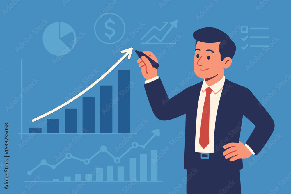 Businessman drawing a growth arrow on a bar chart. Business strategy for financial success, profit increase, and revenue growth. Manager presenting market analysis data and report. Businessman drawing a growth arrow on a bar chart. Business strategy for financial success, profit increase, and revenue growth. Manager presenting market analysis data and report.