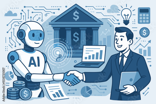 AI robot and businessman handshake concept. Future of banking and finance technology. Fintech collaboration, digital transformation, investment automation and financial analysis.