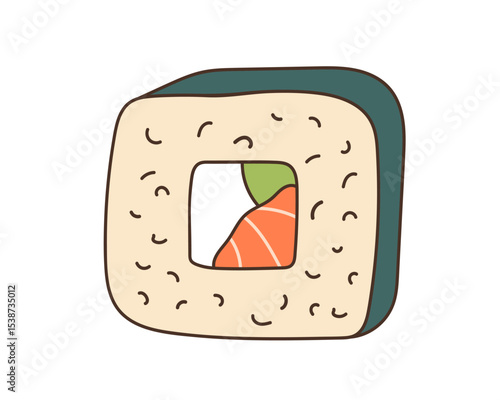 Salmon Roll with avocado, cream cheese, rice, nori served sketch. Hand drawn lineart vector illustration. Maki Roll Sign for Label, Poster, logo, menu design. Traditional fresh japanese sushi rolls.