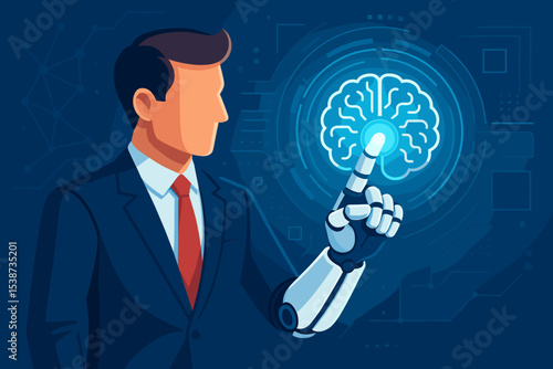 Businessman with robot hand touching digital brain. Concept for artificial intelligence, business innovation, technology, machine learning, future tech, and human-computer synergy.