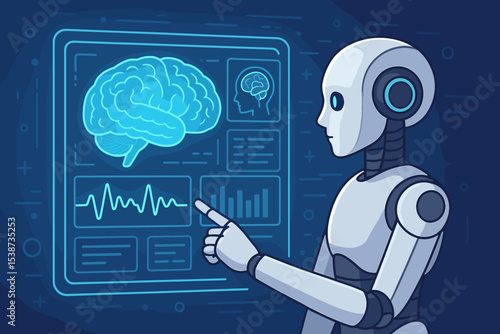 AI robot performing brain analysis on a futuristic interface. Concept of artificial intelligence, neuroscience, and medical diagnosis. Machine learning for health and neurology tech.