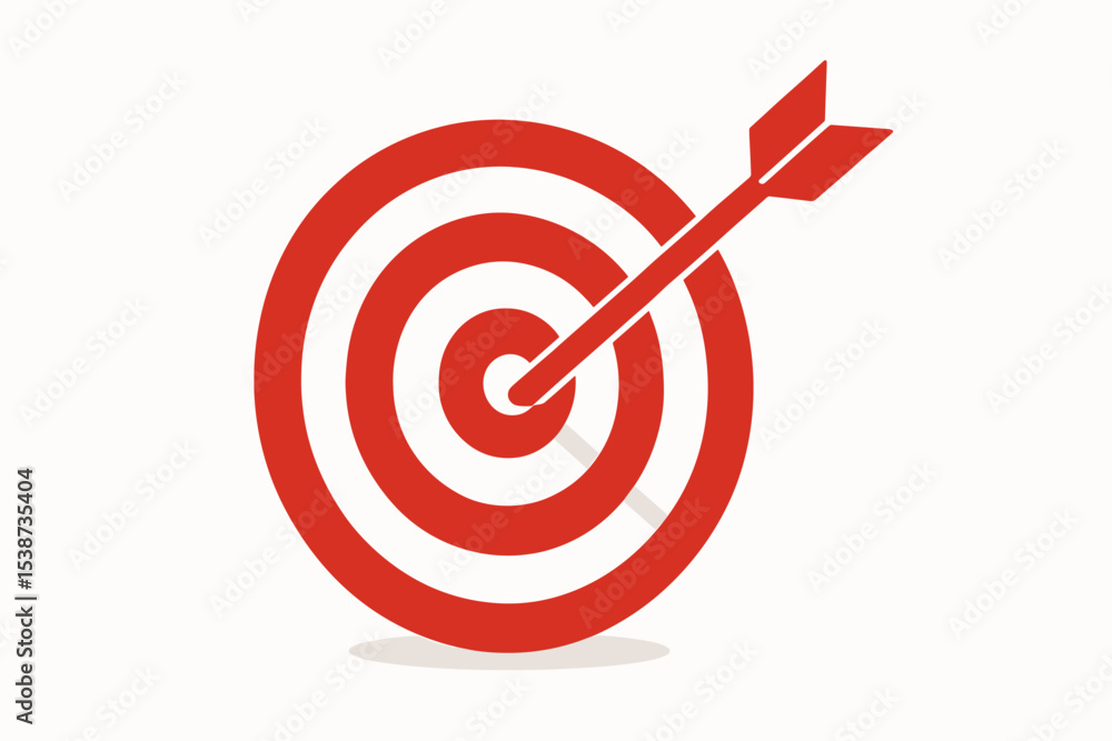 Bullseye with arrow hitting the center of the target. Concept of business goal achievement and success. Metaphor for focus, strategy, precision, and mission accomplishment. Vector. Bullseye with arrow hitting the center of the target. Concept of business goal achievement and success. Metaphor for focus, strategy, precision, and mission accomplishment. Vector.