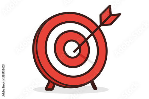 Red target with arrow hitting the center bullseye. Business goal achievement and success concept. Marketing strategy and mission accomplished vector illustration. Focus and accuracy icon.