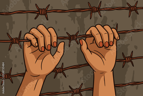 Hands on rusty barbed wire fence. Concept of prison, captivity, and the struggle for freedom. Metaphor for oppression, refugee crisis, human rights violation, and desperation.