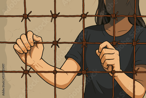 Hands gripping rusty barbed wire fence. Symbol of prison, confinement, desperation and hopelessness. Metaphor for struggle, freedom, immigration, border crisis and human rights issues.