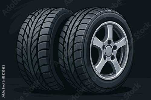 Realistic car tires vector illustration. Two new automobile wheels with shiny alloy rims. Close up of rubber tread pattern. Automotive service, transport, car maintenance concept.