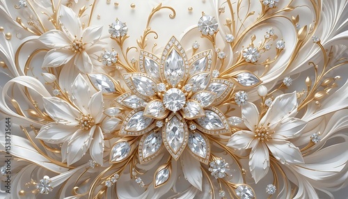 Elegant white flowers with gold accents and crystal embellishments in luxurious 3D style. Perfect for wedding decor, luxury branding, or background designs.