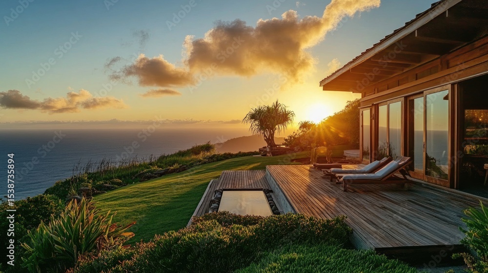 Obraz premium Serene Ocean View from Modern House at Sunset with Lush Green Lawn and Tranquil Atmosphere