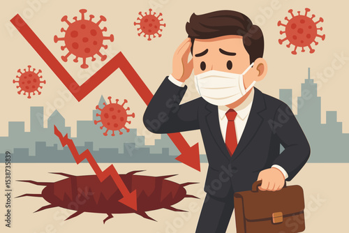 Stressed businessman in mask during Covid-19 pandemic. Concept for economic impact, financial crisis, and recession. Arrow graph falls into a hole. Market crash and bankruptcy.