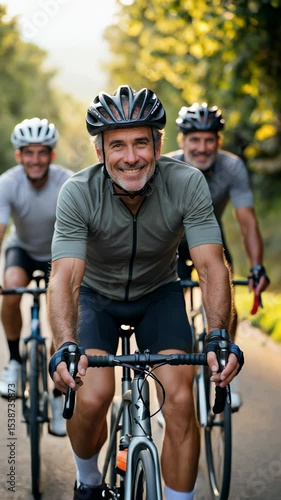 Group of senior men cycling on a sunlit countryside road during golden hour, smiling and enjoying outdoor activity, healthy lifestyle. Generative AI