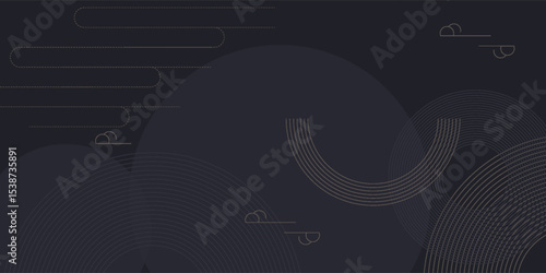 Geometric decorative background in Asian style for web, app, landing. Modern dynamic editable abstract geo different shapes such gold lines, semicircle in random order. Minimalist dark wallpaper.