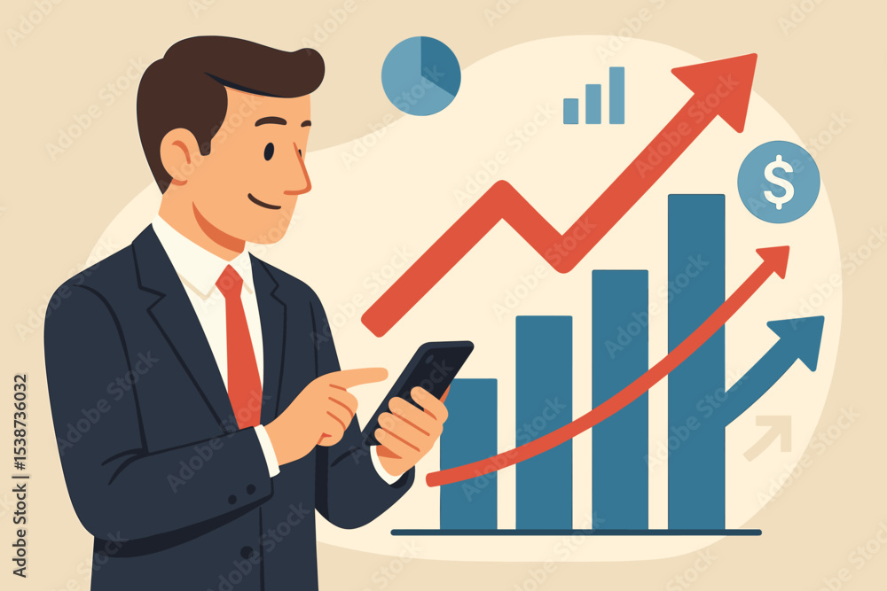 Businessman analyzing financial data on smartphone. Growth chart graph with rising arrow and dollar sign. Concept for investment, stock market, digital finance, and business success. Businessman analyzing financial data on smartphone. Growth chart graph with rising arrow and dollar sign. Concept for investment, stock market, digital finance, and business success.