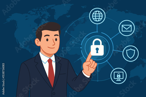 IT professional managing global cybersecurity. Businessman touching a lock icon on a virtual screen. Concept of network security, data protection, internet privacy, and antivirus.