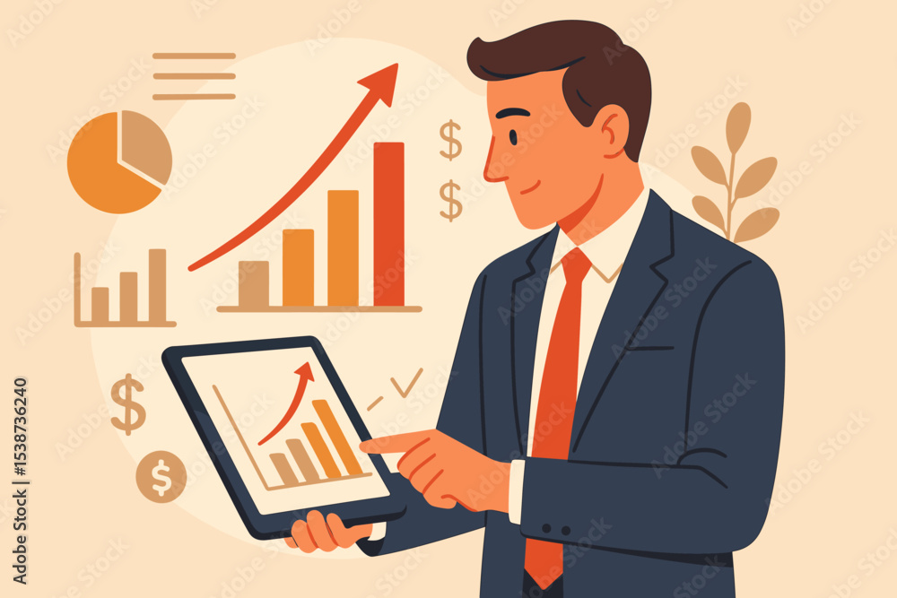 Businessman analyzing financial report on tablet. Sales growth concept with chart, graph, rising arrow. Business success, investment strategy, market analysis, profit vector. Businessman analyzing financial report on tablet. Sales growth concept with chart, graph, rising arrow. Business success, investment strategy, market analysis, profit vector.
