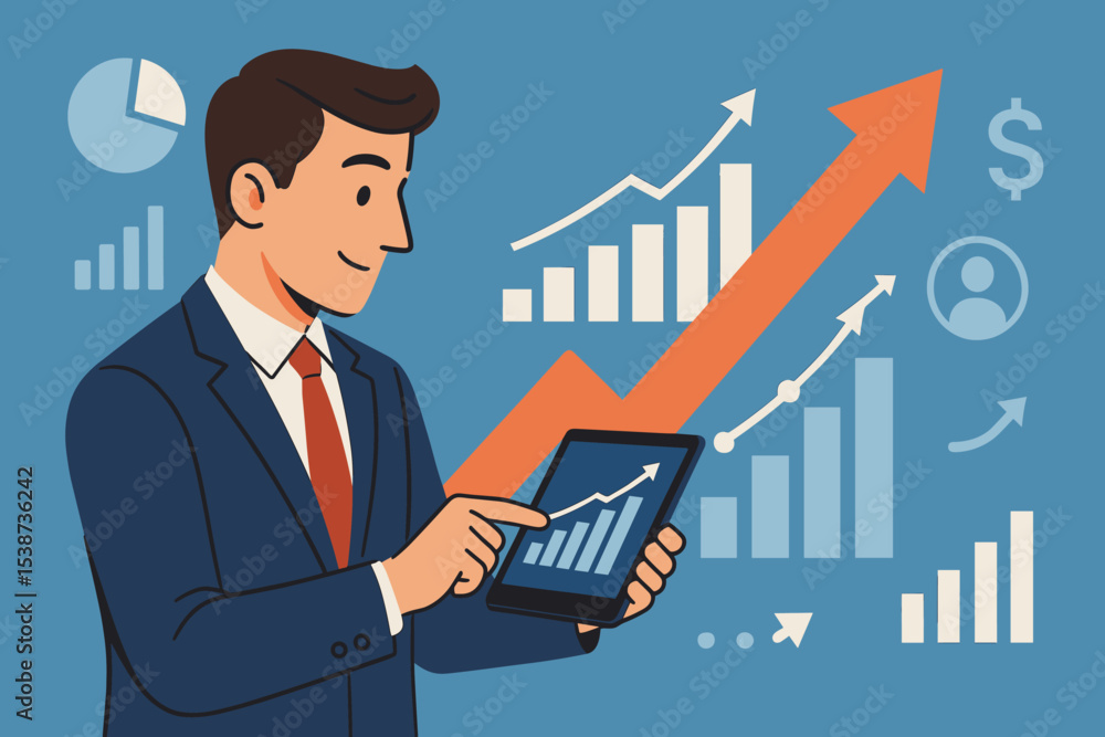 Businessman analyzing financial data on tablet. Business growth and investment success concept. Corporate manager reviewing market report with statistics charts and graphs illustration. Businessman analyzing financial data on tablet. Business growth and investment success concept. Corporate manager reviewing market report with statistics charts and graphs illustration.