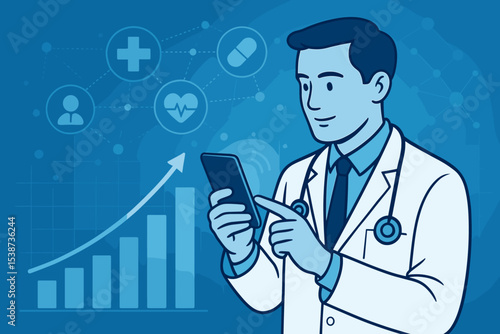 Doctor using smartphone with healthcare growth chart and medical icons. Telehealth, e-health, and digital medicine concept. Medical technology, data analysis, and innovation vector.