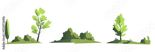 Collection of simple vector green trees and shrubs illustrated in minimalist style, ideal for landscape architecture plans, maps or garden designs